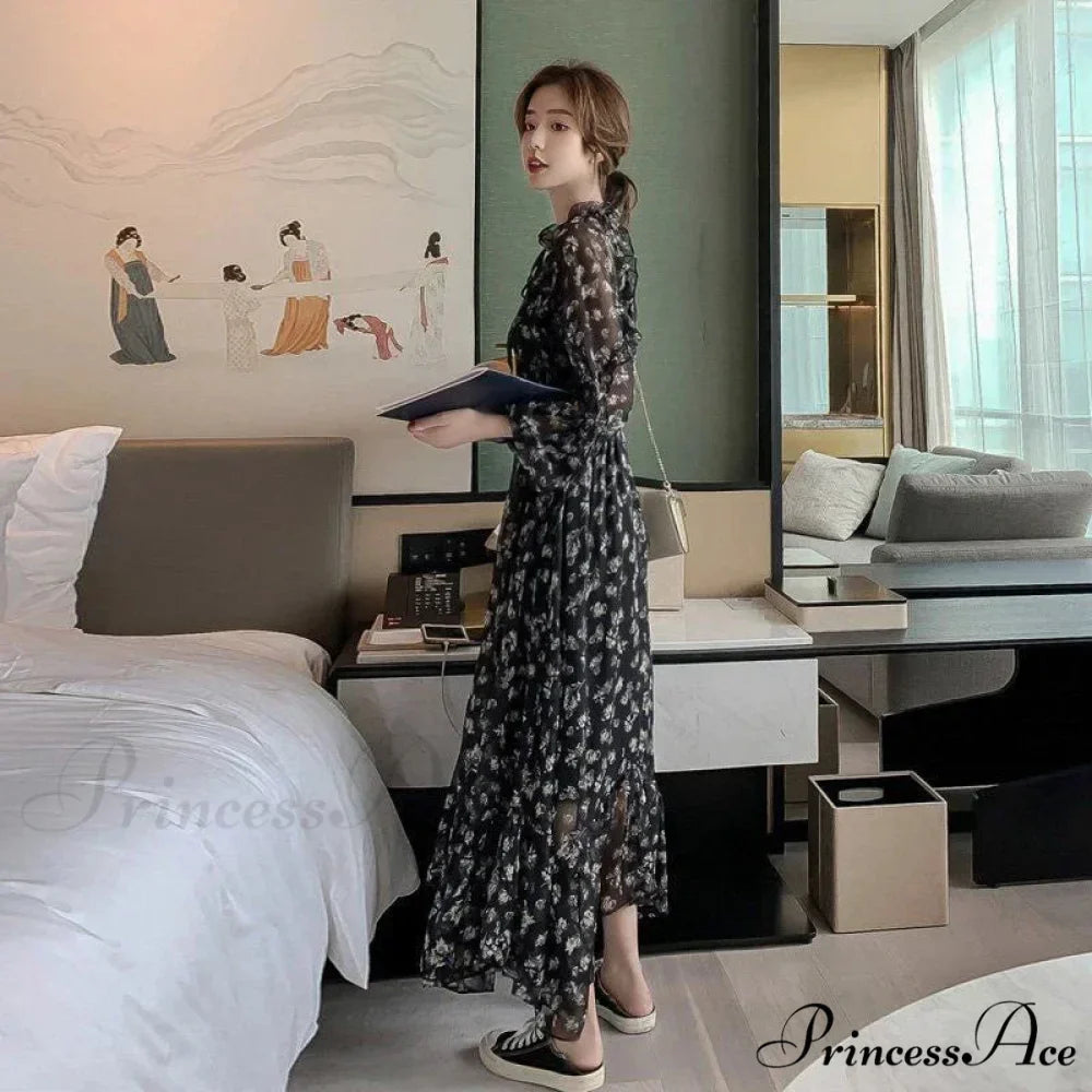 Summer Thin Floral Chiffon Lace Vintage Black Boho Dress