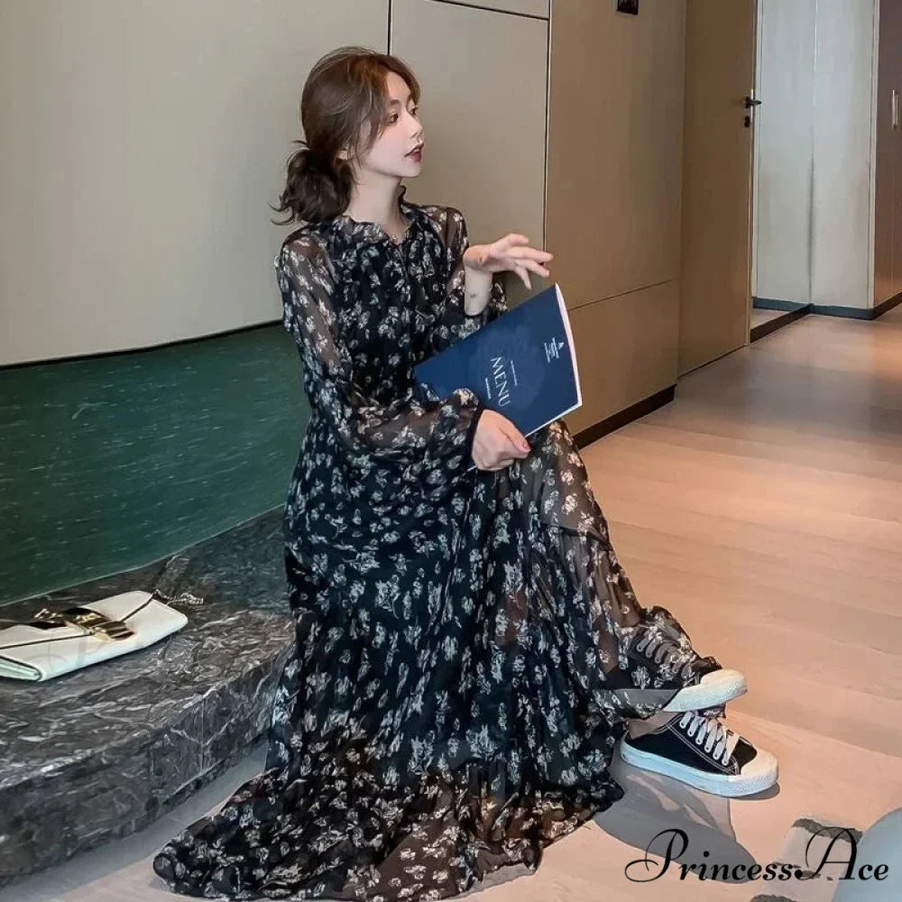 Summer Thin Floral Chiffon Lace Vintage Black Boho Dress