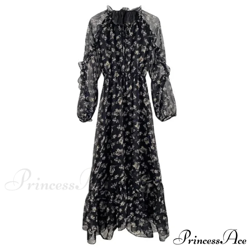 Summer Thin Floral Chiffon Lace Vintage Black Boho Dress