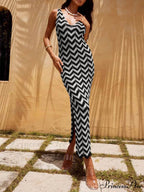 Summer V-Neck Striped Crochet Graceful Slit Sexy Maxi Dress