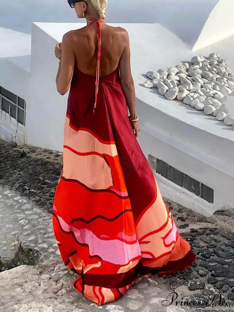 Summer Vacation Style Halter Neck Trendy Printed Backless A-Line Maxi Dress