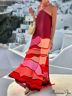 Summer Vacation Style Halter Neck Trendy Printed Backless A-Line Maxi Dress