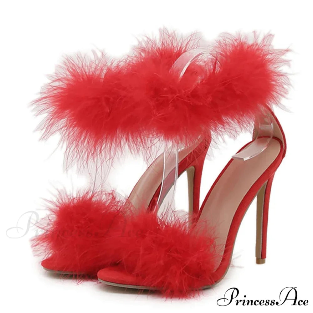 SummerFashion Faux-Fur Ankle-Strap Sandals Open-Toe Fluffy-Feather High-Heels Party Dress Women Sandals High Heel