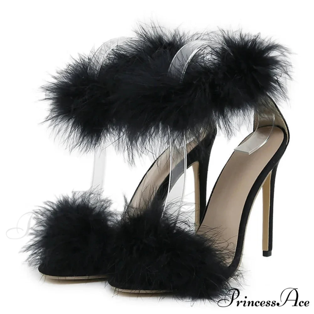 SummerFashion Faux-Fur Ankle-Strap Sandals Open-Toe Fluffy-Feather High-Heels Party Dress Women Sandals High Heel