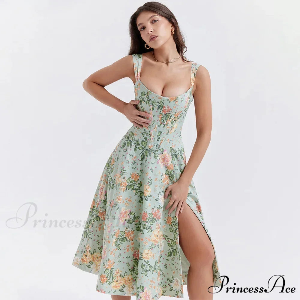 Suninheart Summer Lace Up Print Elegant Casual Party Holiday Floral Dress