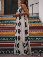 Sunshine Ethnic Print One Graceful Shoulder Loose Maxi Dress