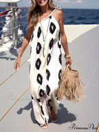 Sunshine Ethnic Print One Graceful Shoulder Loose Maxi Dress