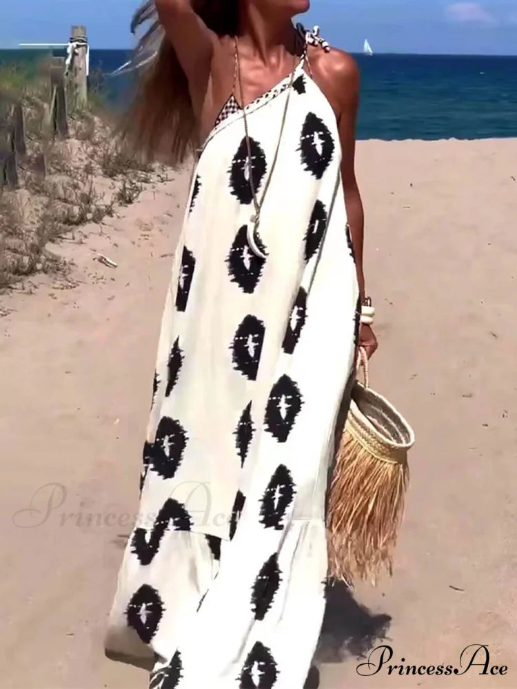 Sunshine Ethnic Print One Graceful Shoulder Loose Maxi Dress