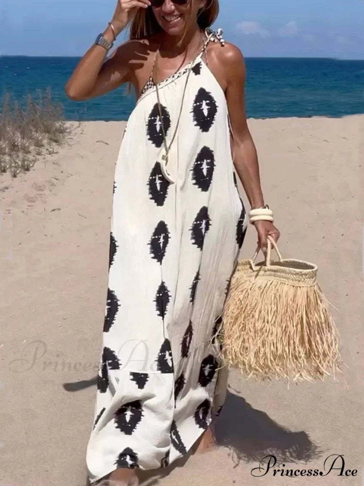 Sunshine Ethnic Print One Graceful Shoulder Loose Maxi Dress