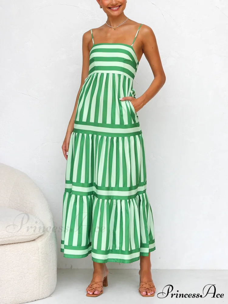 Suspender Open Back Striped Graceful Positioning Print Pocket Midi Dress
