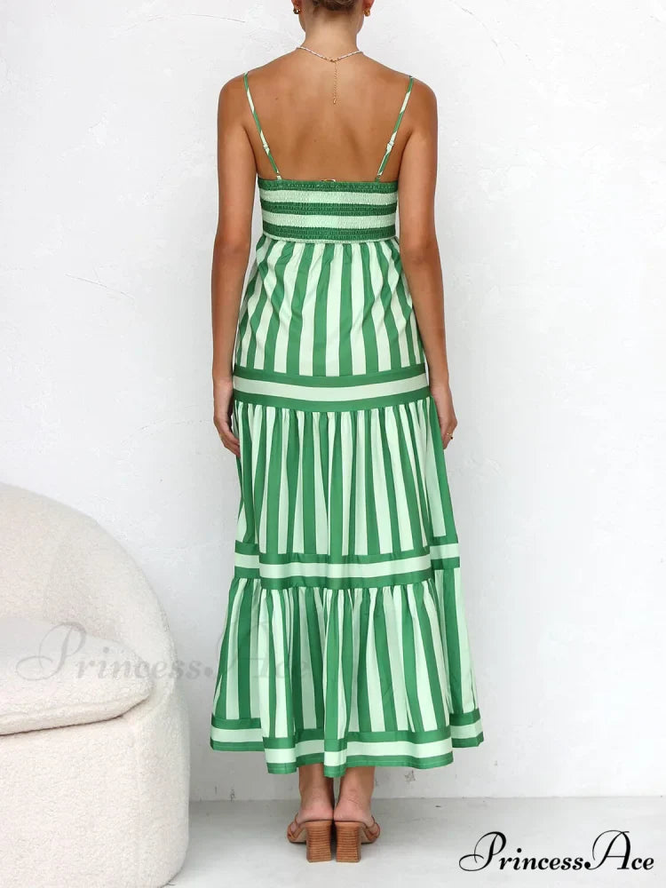 Suspender Open Back Striped Graceful Positioning Print Pocket Midi Dress