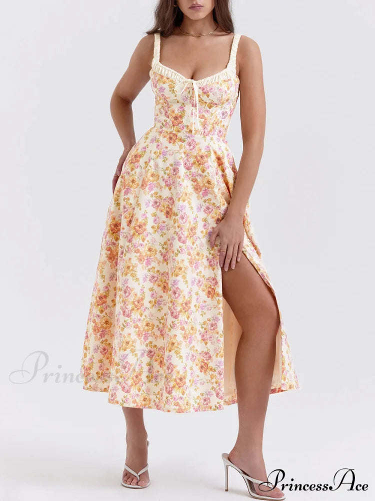 Suspender Patchwork Printed Charming Lace-Up Midi Dress