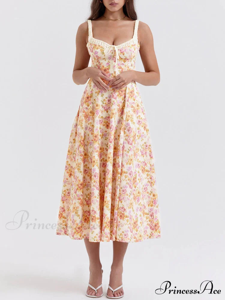 Suspender Patchwork Printed Charming Lace-Up Midi Dress