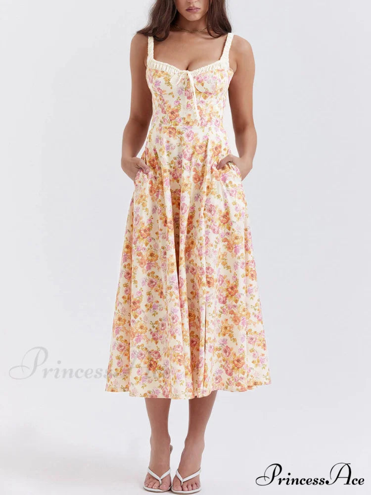 Suspender Patchwork Printed Charming Lace-Up Midi Dress