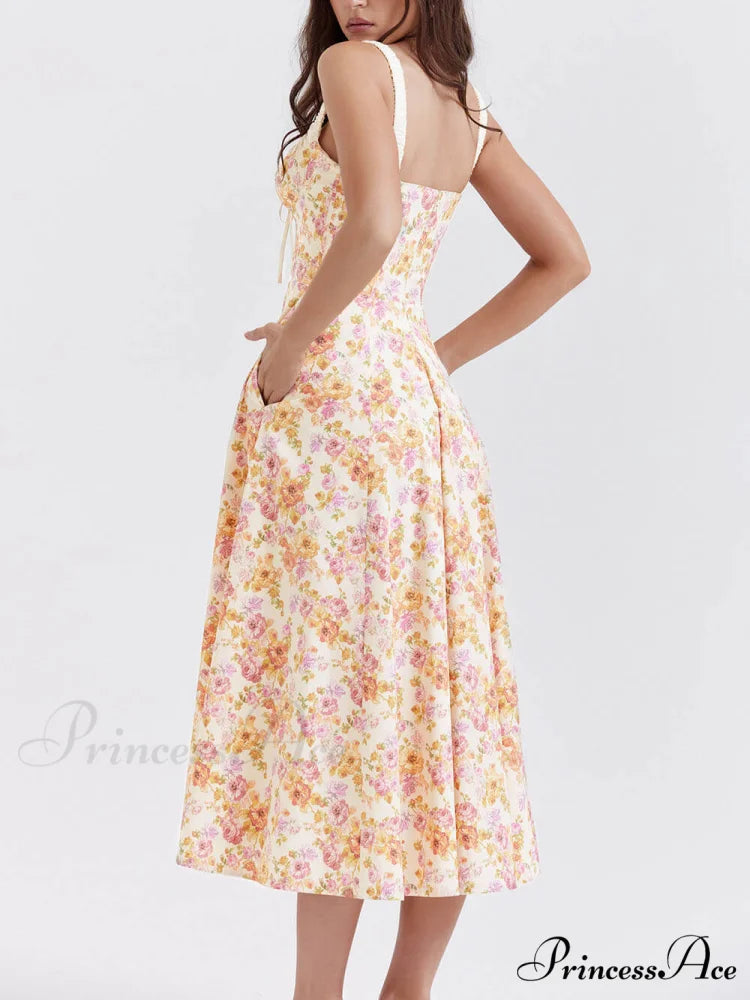 Suspender Patchwork Printed Charming Lace-Up Midi Dress