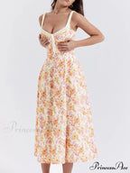 Suspender Patchwork Printed Charming Lace-Up Midi Dress