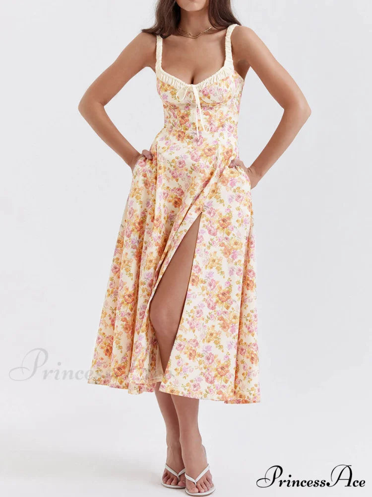 Suspender Patchwork Printed Charming Lace-Up Midi Dress