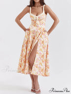 Suspender Patchwork Printed Charming Lace-Up Midi Dress