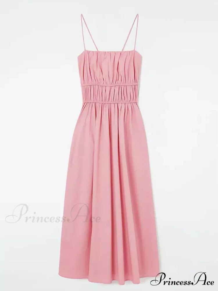 Suspender Pleated Stylish Waist Midi Dress