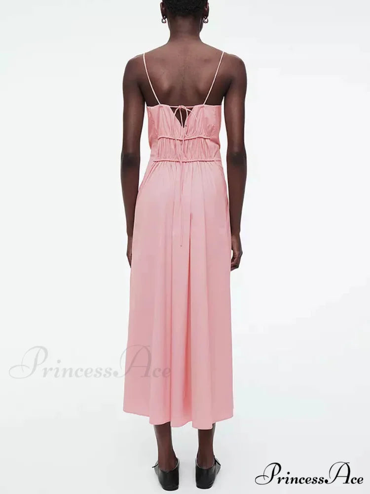 Suspender Pleated Stylish Waist Midi Dress