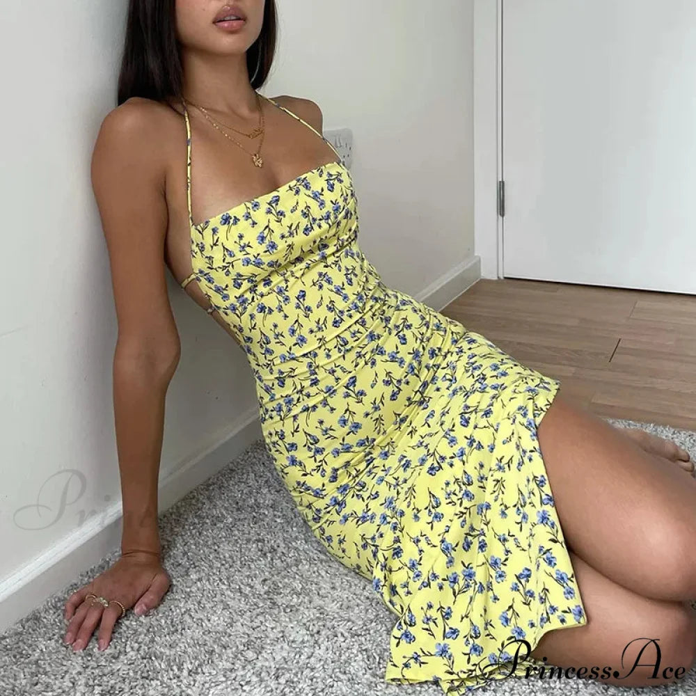 Suspender Split SlimSleeveless Beach Spaghetti Strap 2024 Summer Floral Dress