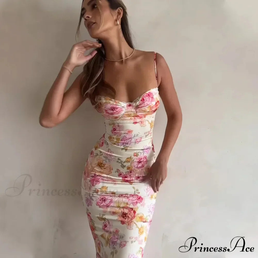 Suspender Split SlimSleeveless Beach Spaghetti Strap 2024 Summer Floral Dress