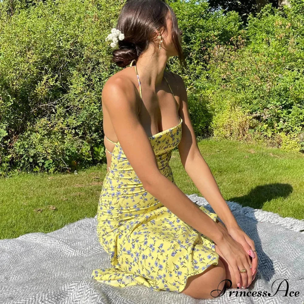 Suspender Split SlimSleeveless Beach Spaghetti Strap 2024 Summer Floral Dress