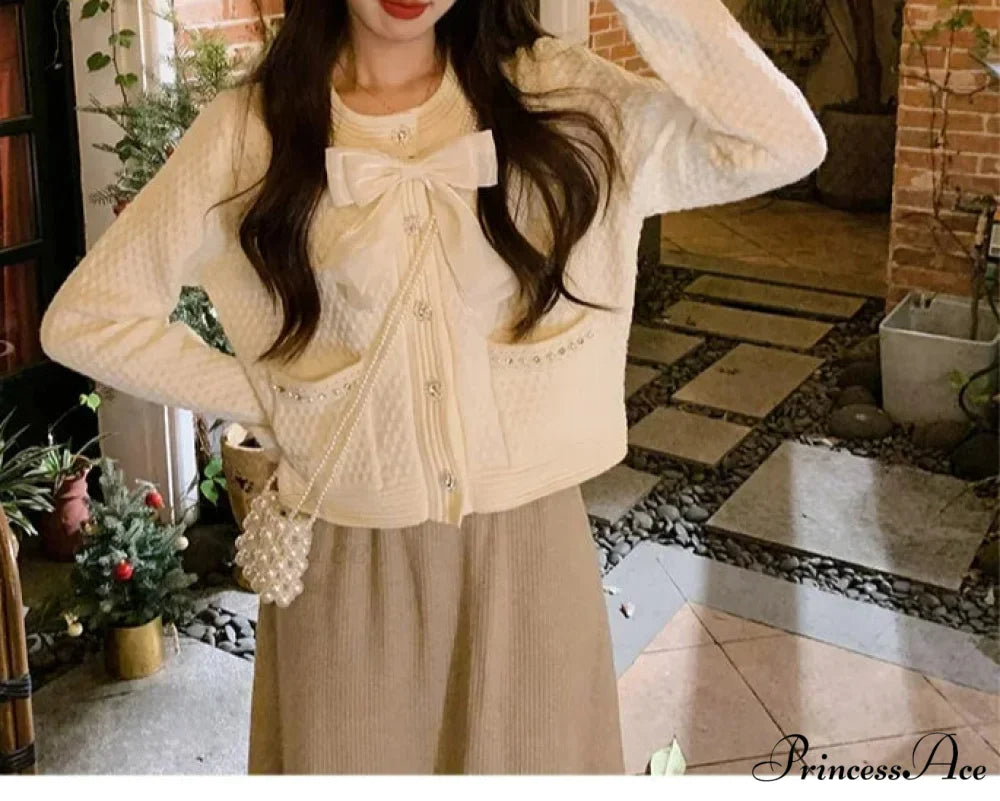 Sweet Bow Beaded Red Cropped Cardigan