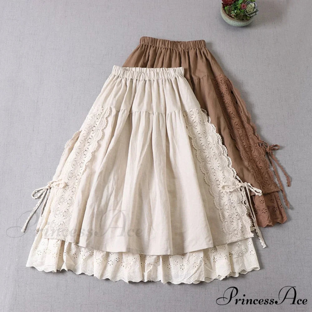 Sweet Japan Style Mori Lace Stitched Linen Skirt