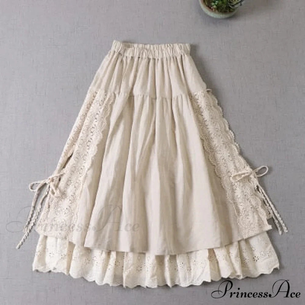 Sweet Japan Style Mori Lace Stitched Linen Skirt