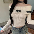 Sweet Off Shoulder Ribbed Crop Long Sleeve Slim Fit Knit TopModified Title: Charming Off Shoulder Ribbed Crop Long Sleeve Trim Fit Knit Top