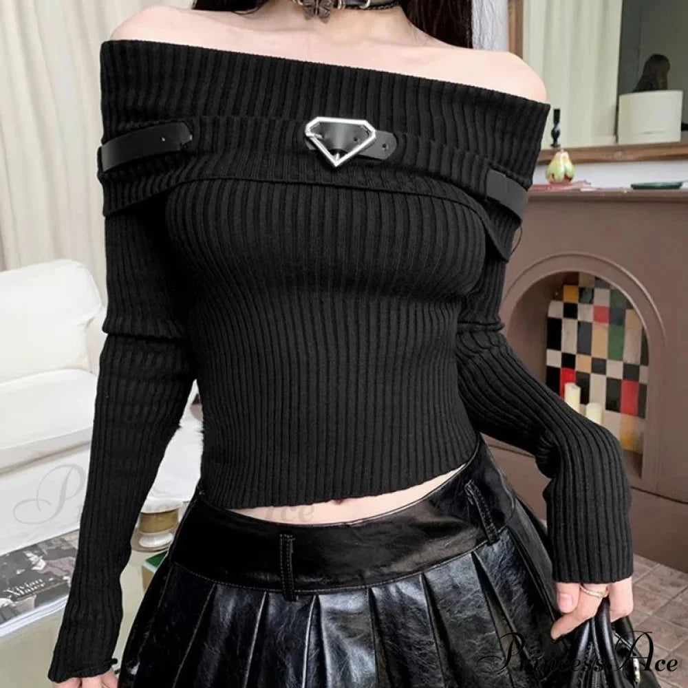 Sweet Off Shoulder Ribbed Crop Long Sleeve Slim Fit Knit TopModified Title: Charming Off Shoulder Ribbed Crop Long Sleeve Trim Fit Knit Top