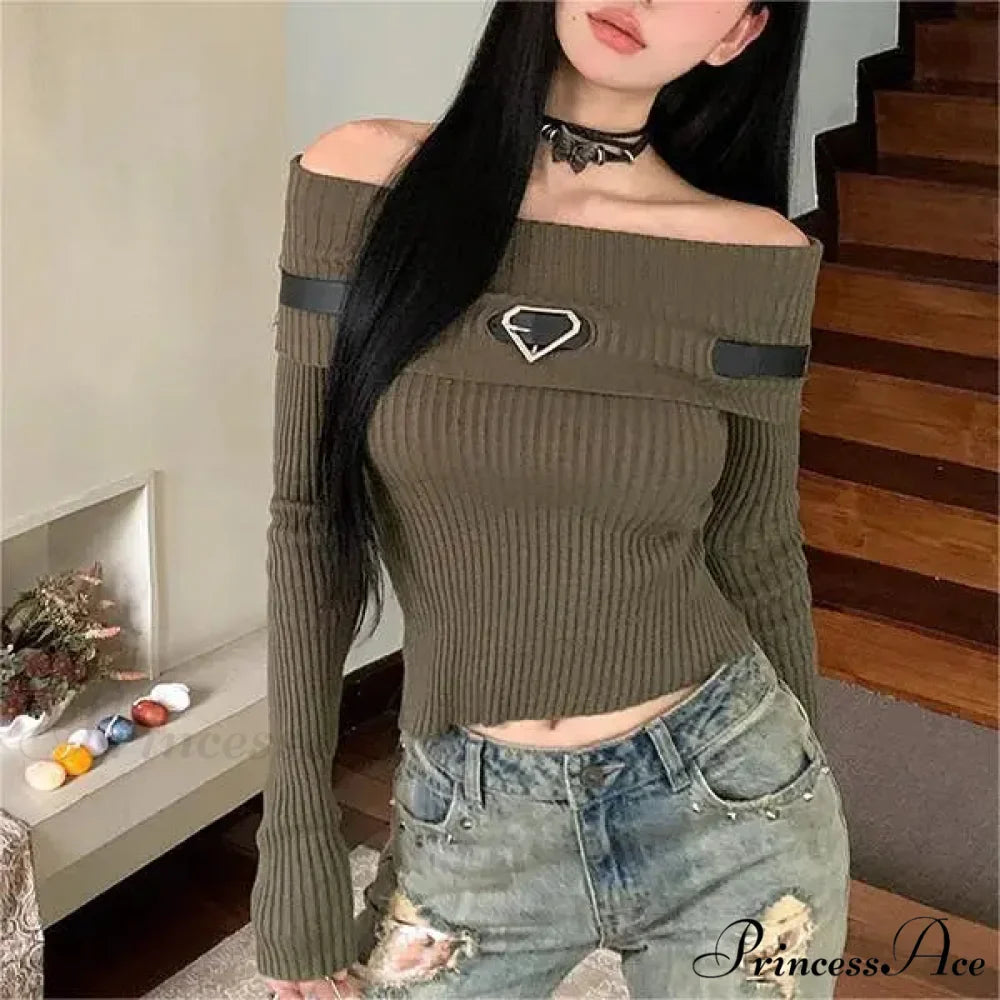 Sweet Off Shoulder Ribbed Crop Long Sleeve Slim Fit Knit TopModified Title: Charming Off Shoulder Ribbed Crop Long Sleeve Trim Fit Knit Top