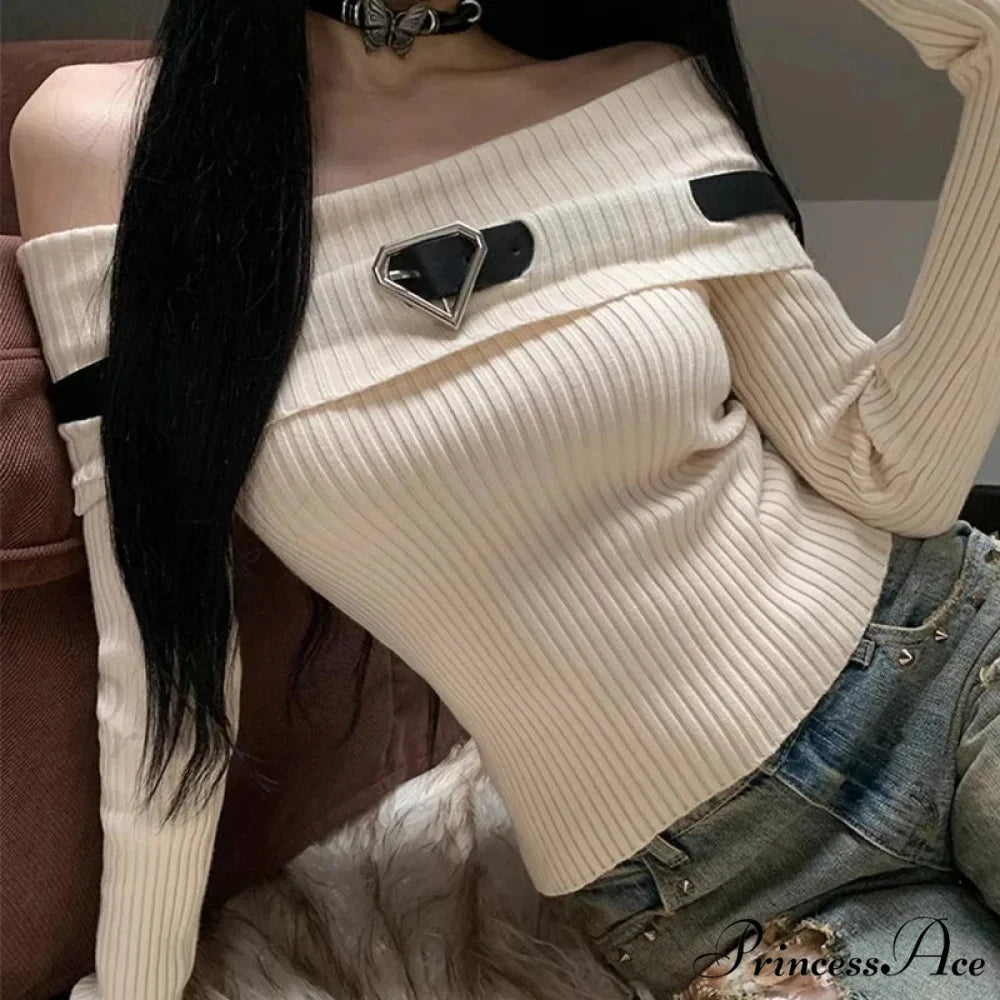 Sweet Off Shoulder Ribbed Crop Long Sleeve Slim Fit Knit TopModified Title: Charming Off Shoulder Ribbed Crop Long Sleeve Trim Fit Knit Top