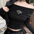 Sweet Off Shoulder Ribbed Crop Long Sleeve Slim Fit Knit TopModified Title: Charming Off Shoulder Ribbed Crop Long Sleeve Trim Fit Knit Top