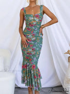 Sweetheart Neck Strap Printed Graceful Pleated Mesh Maxi Dress