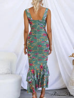 Sweetheart Neck Strap Printed Graceful Pleated Mesh Maxi Dress