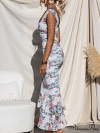 Sweetheart Neck Strap Printed Graceful Pleated Mesh Maxi Dress
