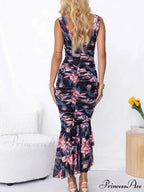 Sweetheart Neck Strap Printed Graceful Pleated Mesh Maxi Dress