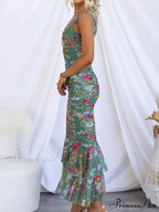 Sweetheart Neck Strap Printed Graceful Pleated Mesh Maxi Dress