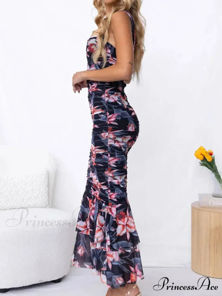 Sweetheart Neck Strap Printed Graceful Pleated Mesh Maxi Dress
