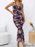 Sweetheart Neck Strap Printed Graceful Pleated Mesh Maxi Dress