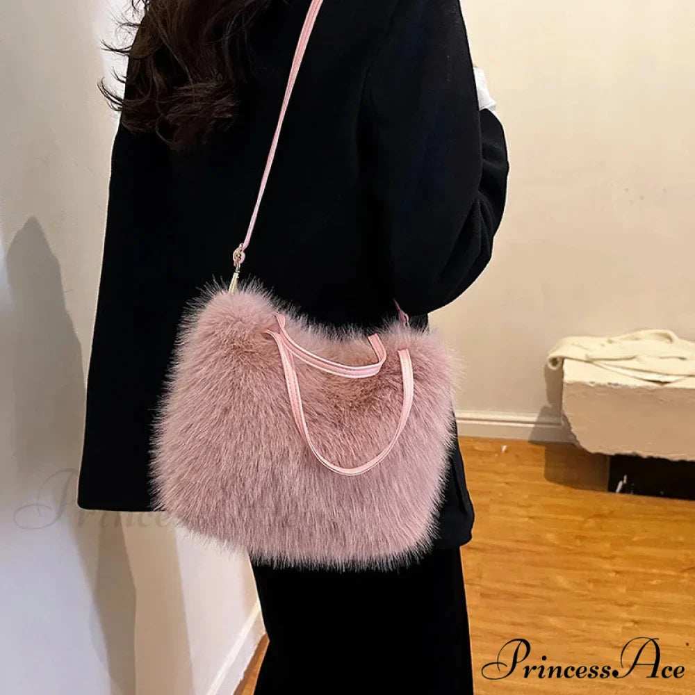 Synthetic Fur Soft Bucket Tote Winter Crossbody Shoulder Purse