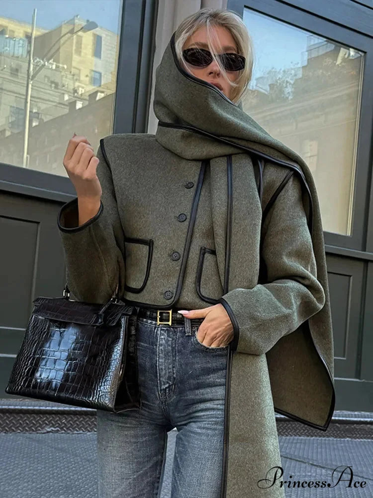 Synthetic Leather Border Tweed Short Coat