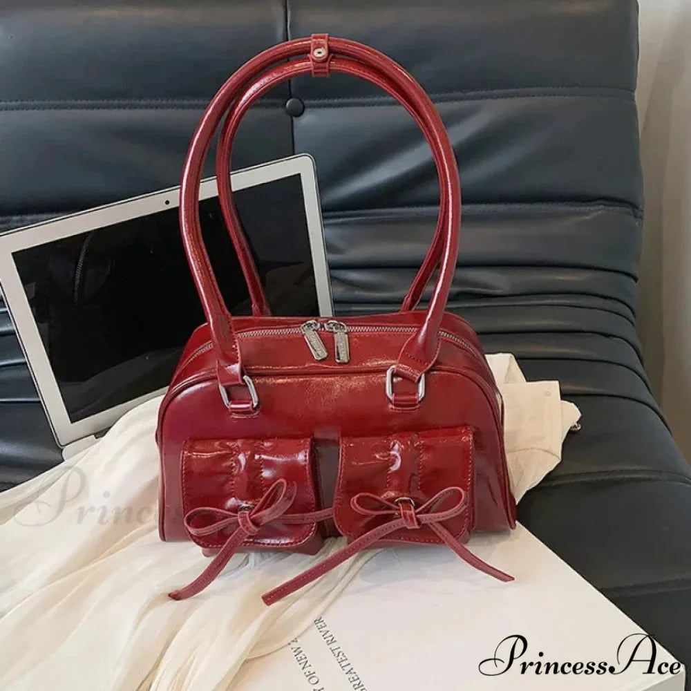 Synthetic Leather Bow Shoulder Purse
