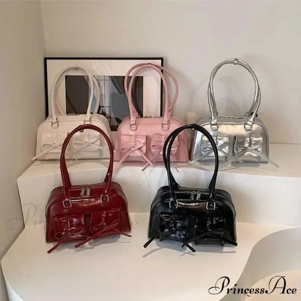 Synthetic Leather Bow Shoulder Purse