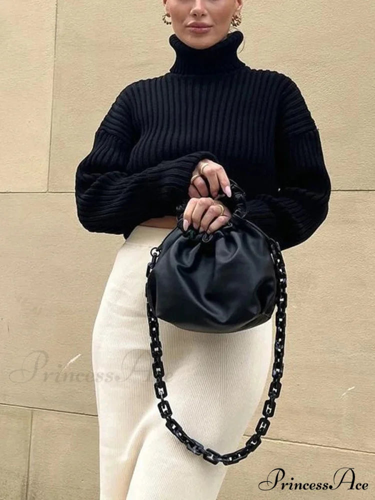 Tall Collar  Ribbed  Shortened Sweater