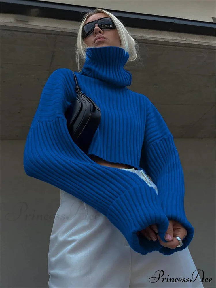 Tall Collar  Ribbed  Shortened Sweater