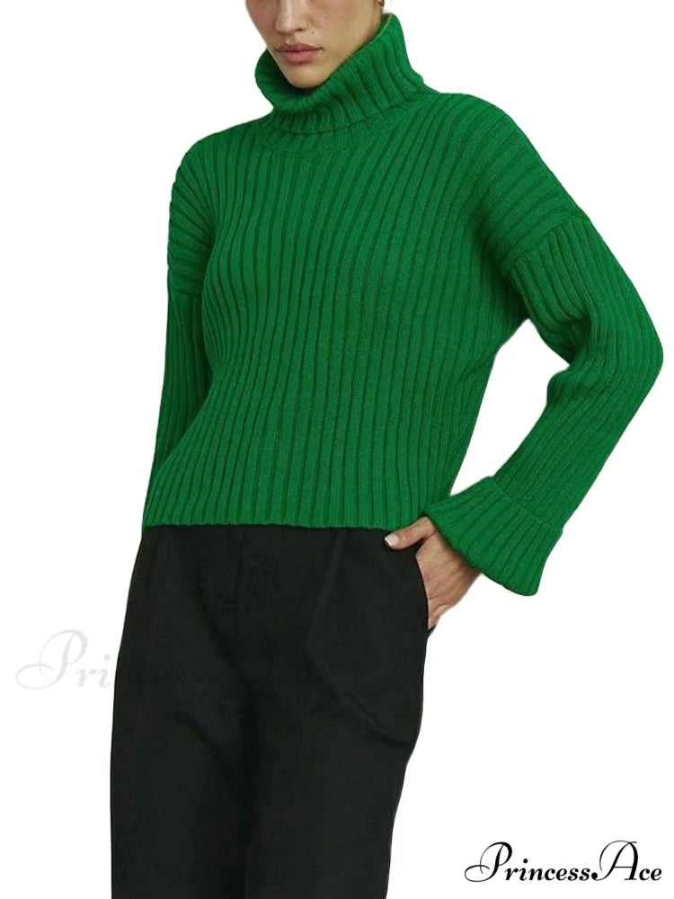 Tall Collar  Ribbed  Shortened Sweater
