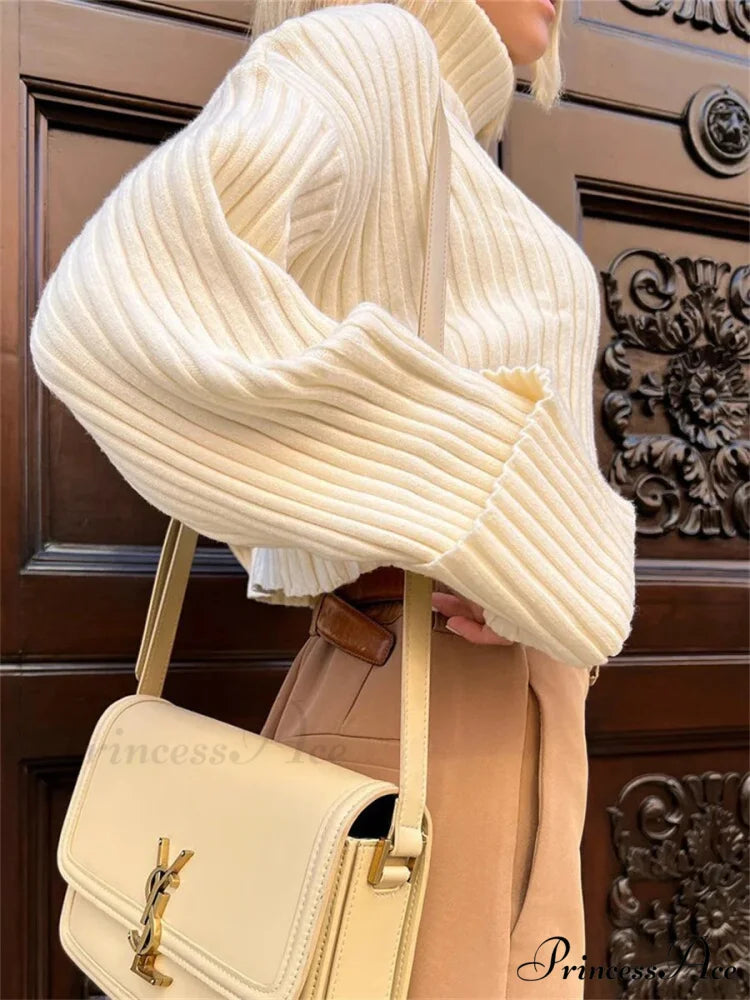 Tall Collar  Ribbed  Shortened Sweater